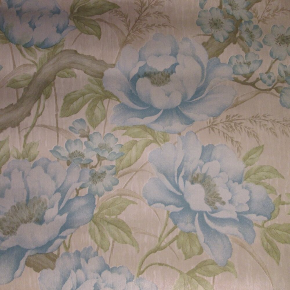Vintage 1970s Blue Peony Motif Wallpaper